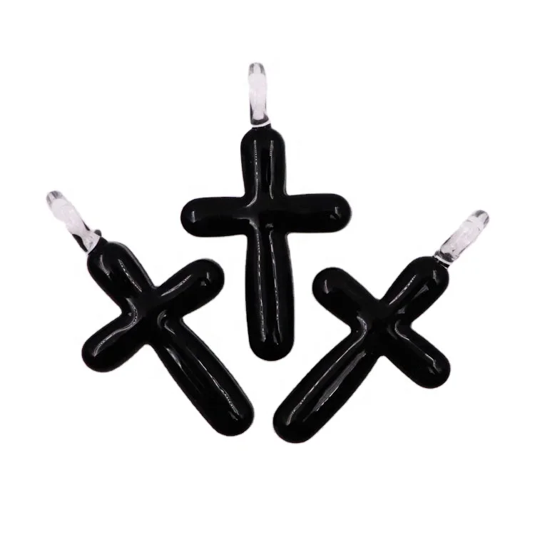 Hook cross beads Wholesale Handmade Murano Lampwork Art Glass Black Cross Charm Pendant for Necklace Accessories