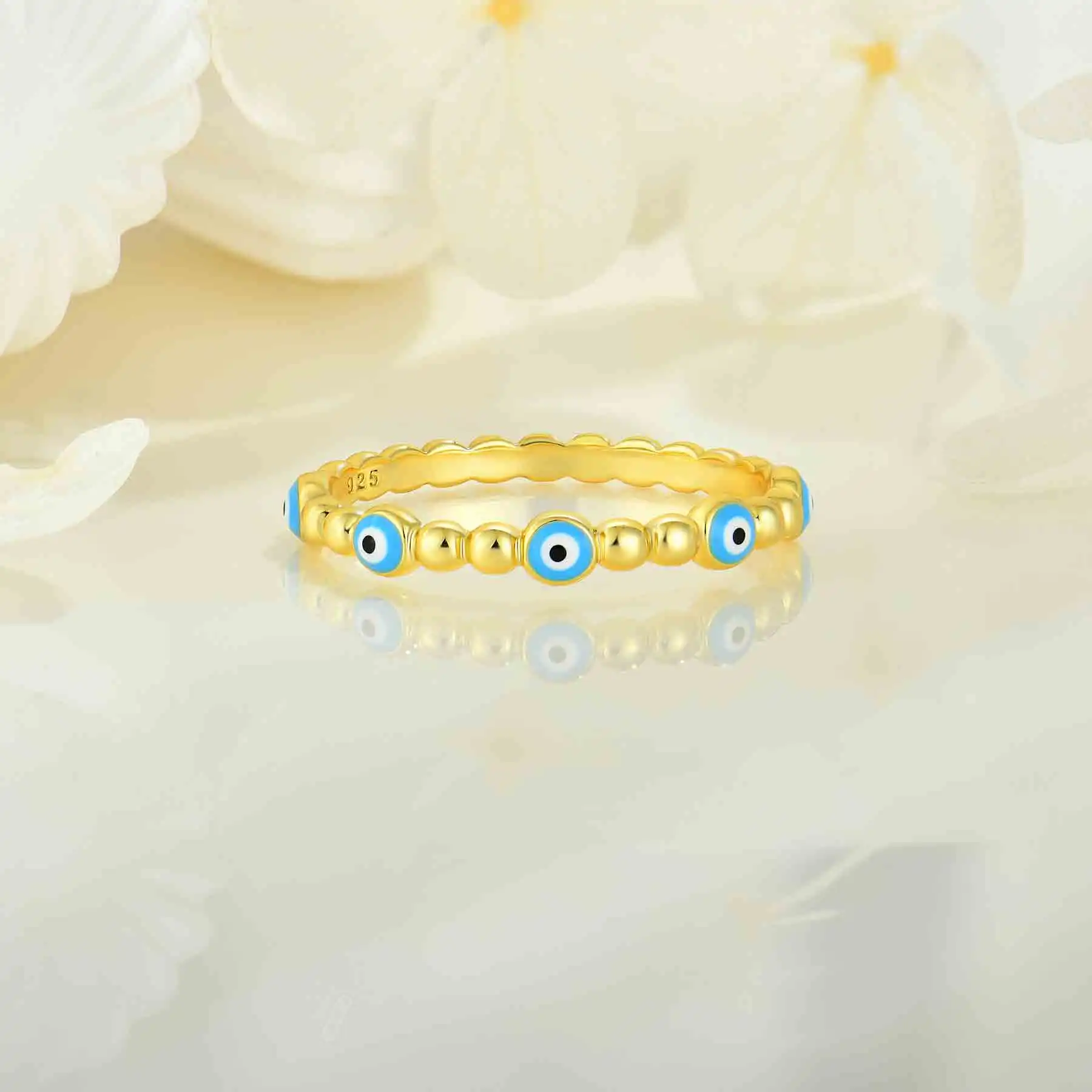 New trendy 18ct gold plated bead rings 925 sterling silver enamel eyes ring