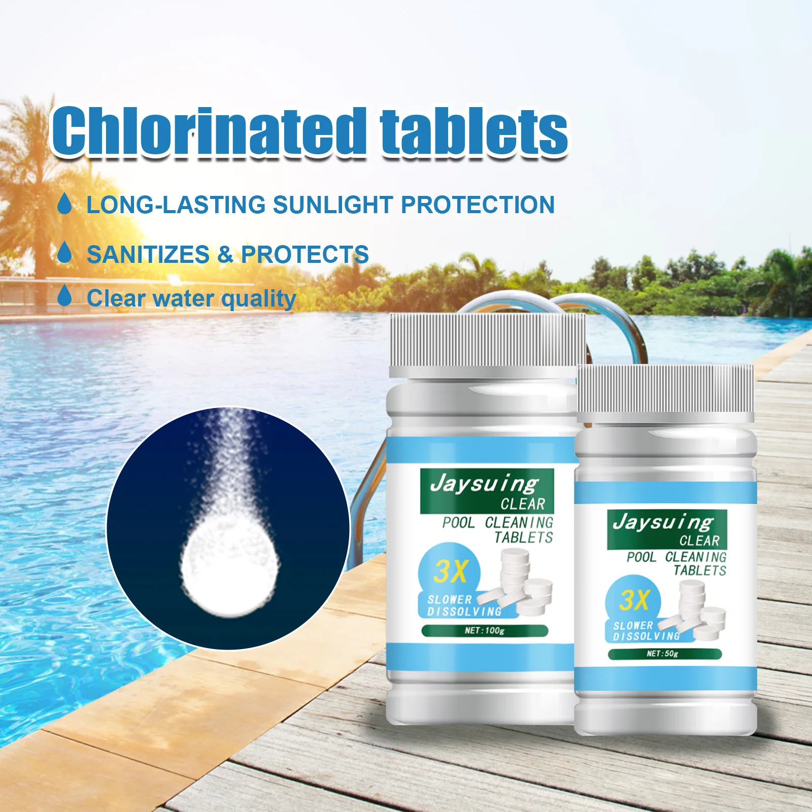 Jaysuing Swimming Pool Effervescent Tablets Multifunctional Pool Cleaning Stains Efficient Removal of Stains Tablet 50g/100g