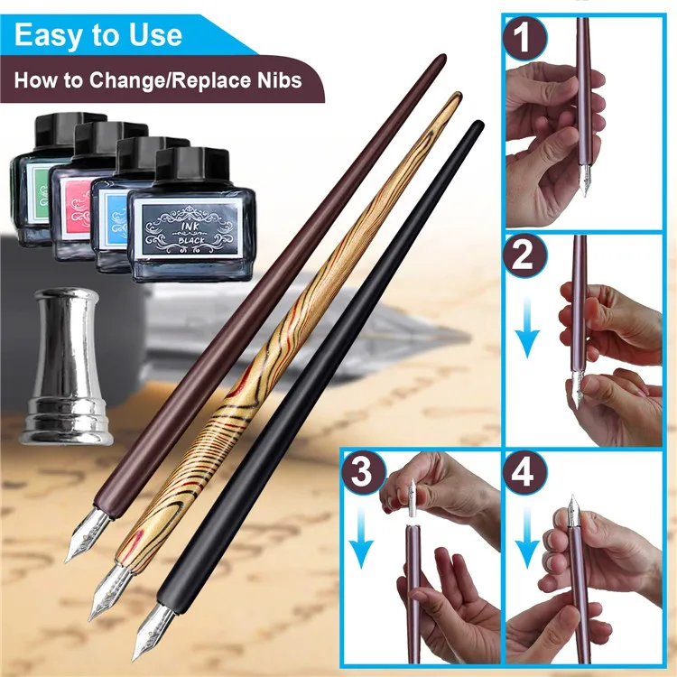 Calligraphy Pen Set - 26 Piece Kit & Case - Wood Dip Pens - 20 Nibs & 4 Ink - for Kids Adults Beginners