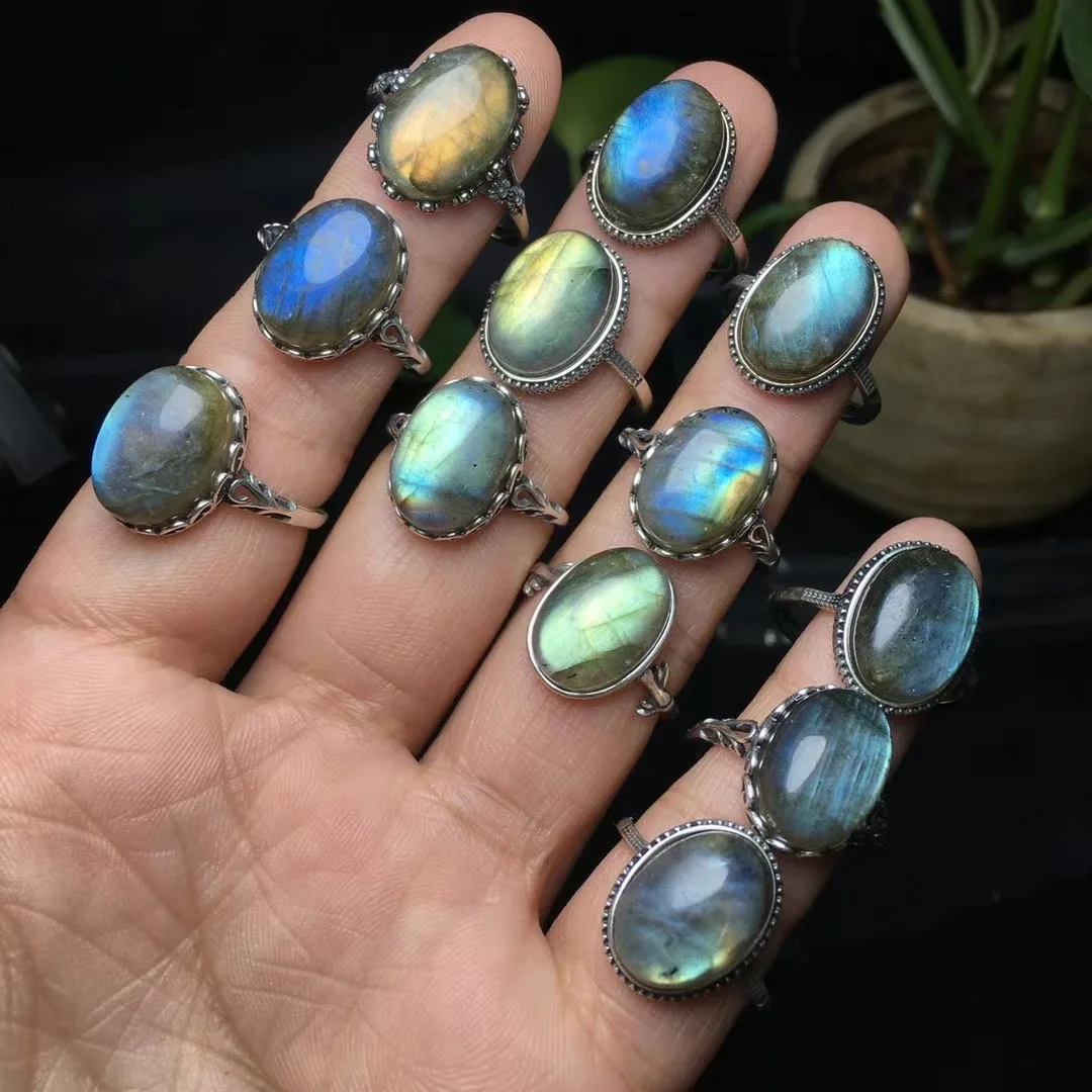 Natural Gemstone Flash Labradorite Crystal Adjustable 925 Sterling Silver Rings For Gift