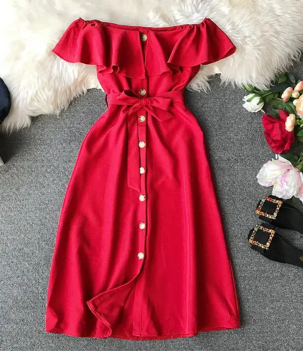 2021 Summer korean Sexy Off Shoulder Button Dress Ladies Office Wear Ruffle Belted Elegant Ladies Casual Belt Dress