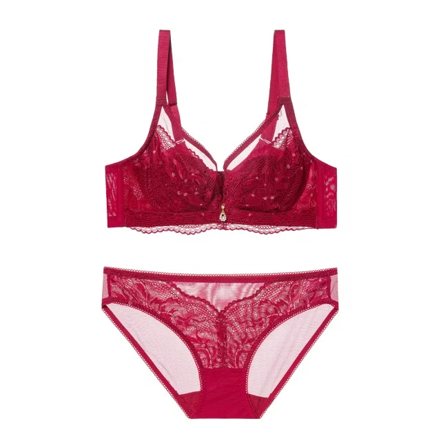 European and American ultra thin lace bra suit sponge free big chest sexy red underwear large bra