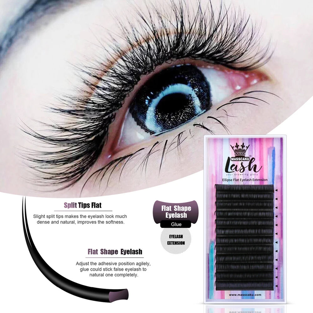 High Quality MASSCAKU Russian Volume Eyelash Extensions Ellipse Flat Korean PBT Fiber Individual False Eyelashes Supplies