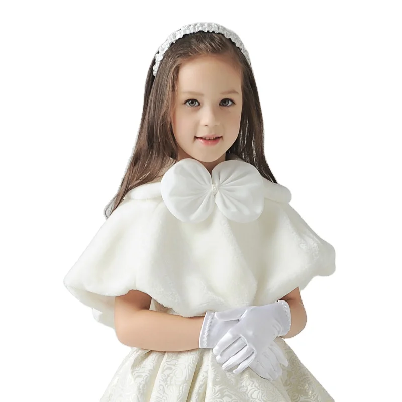 Flower Girls Thicken Plush Bolero Shrug Princess White Faux Fur Coat Shoulder Cape Wedding Dress Shawl Wraps Stole Bowknot