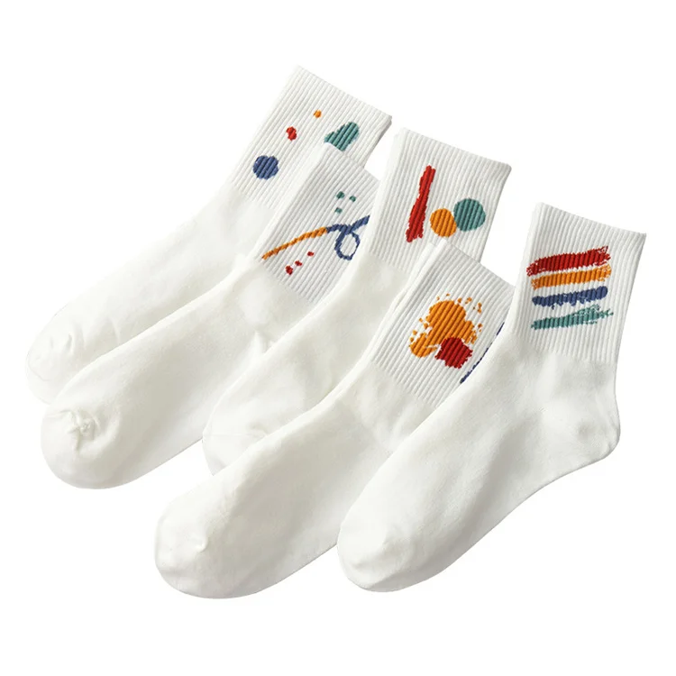 Young Girls White Sport Socks Colorful Graffiti Cotton Sport Socks