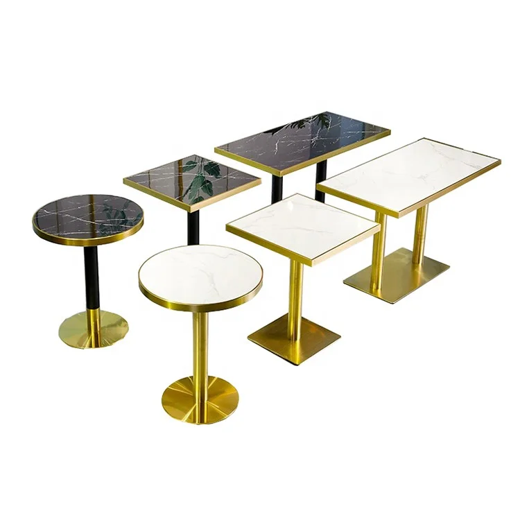 luxury high end Restaurant Bistro Tables gold stainless steel marble stone top Round Dining meeting coffee Table