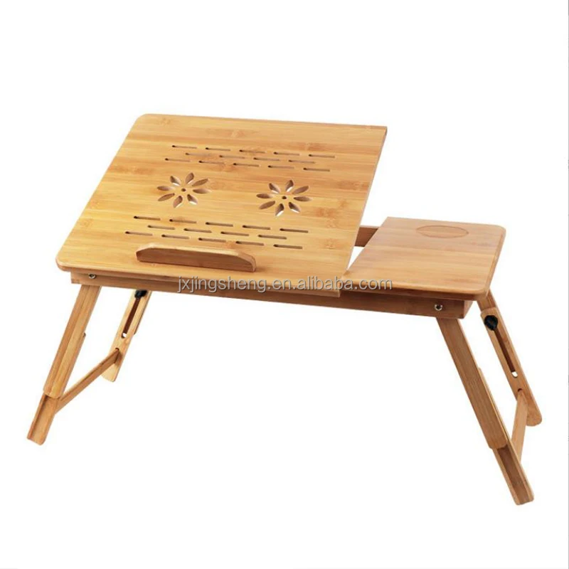 Folding Laptop Table with Fan Bamboo Portable Computer Desk for Bed Sofa Height Adjustable Laptop Stand