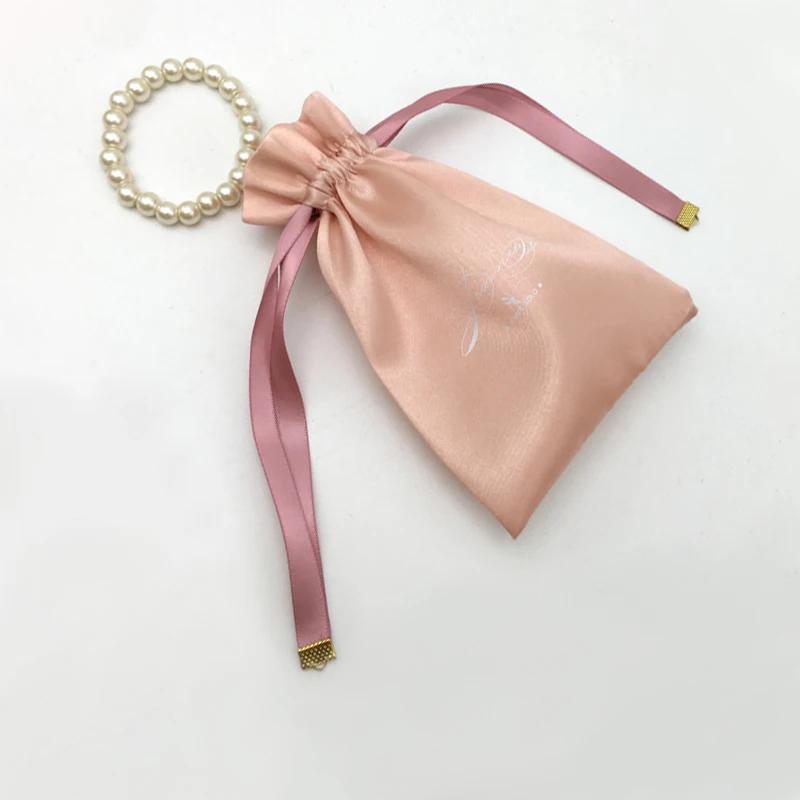 Custom Printed Logo Pink Gifts Satin Pouch Bag With String