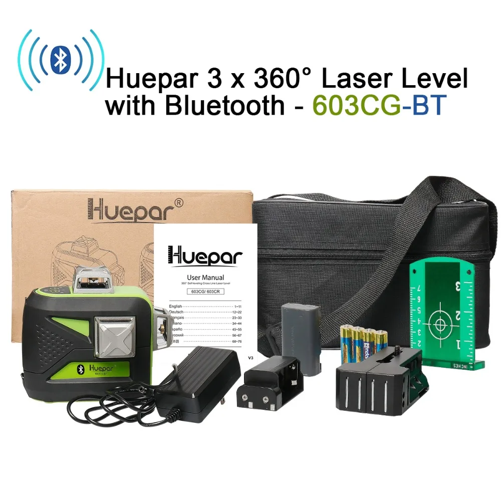  Huepar 603CG-BT 3D 12 линейный лазерный уровень с поддержкой Bluetooth зеленый луч самовыравнивания и выравнивания рисунками крестов линий