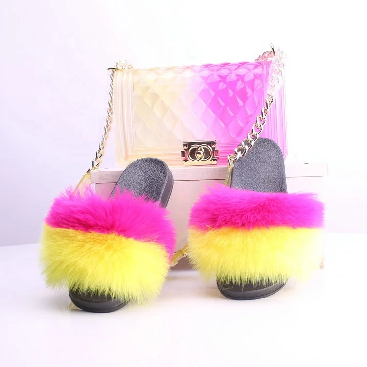 
New Women Fashionable Fluffy Fox Fur Sandals Slippers No Slip and Jelly Bag Set 