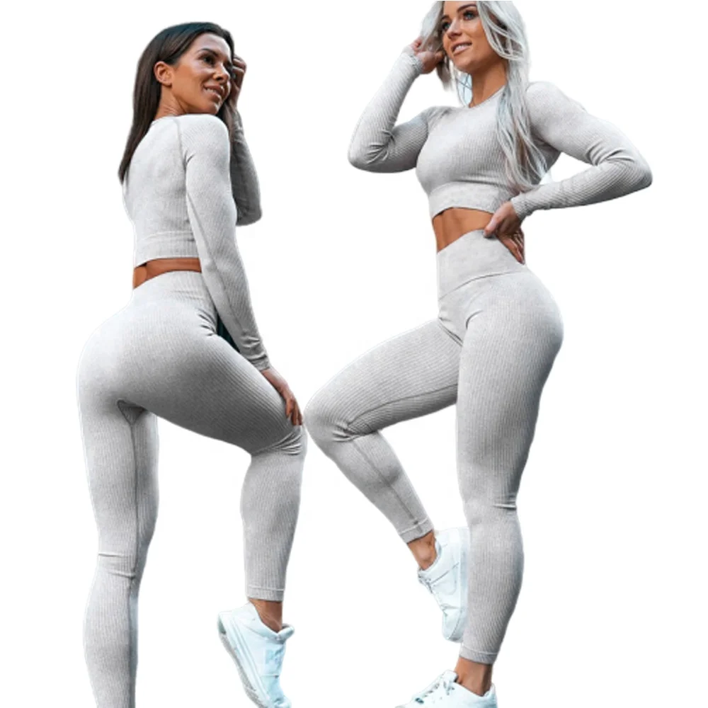 Seamless Activewear Gym Seamless Ribbed Yoga Set Women Long Sleeve Workout Sets Sport Suit