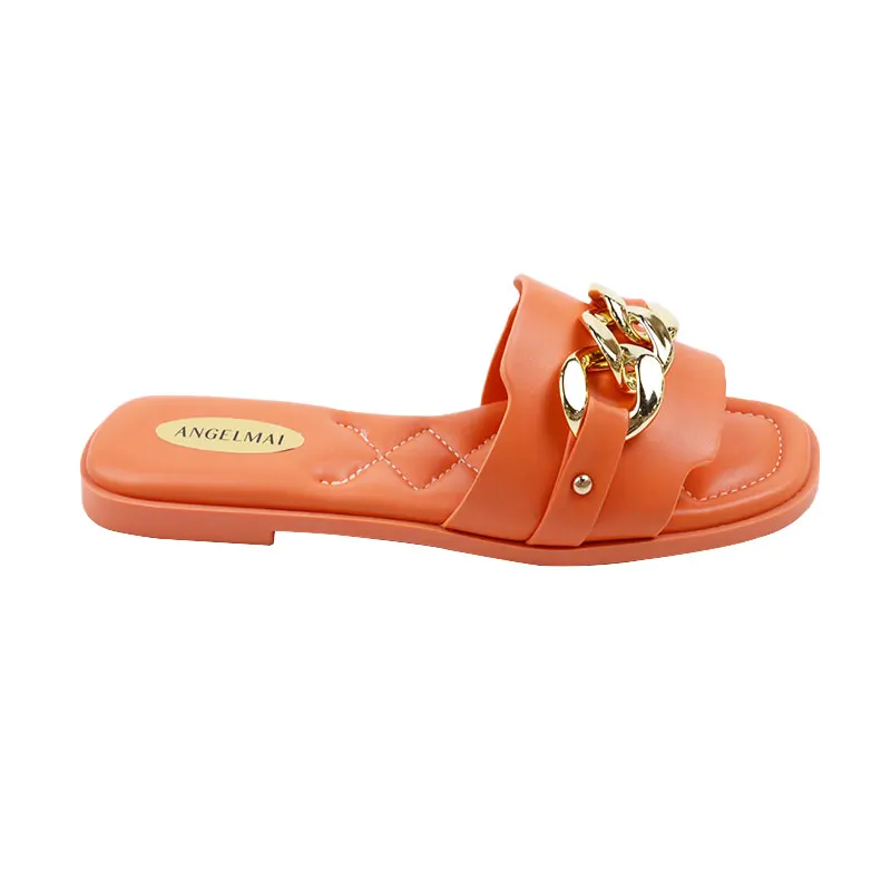 Wholesale Flat Slides Slippers Women Outdoor Luxury Metal Chain Comfortable Female Shoes Summer For Women One Word Beach Sandals