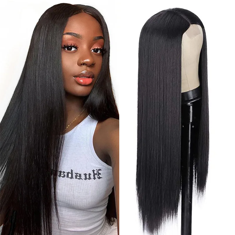 26 Inches Wholesale Price Long Natural Black Bone Straight Wigs Middle Part Synthetic Wig For Women Daily Use