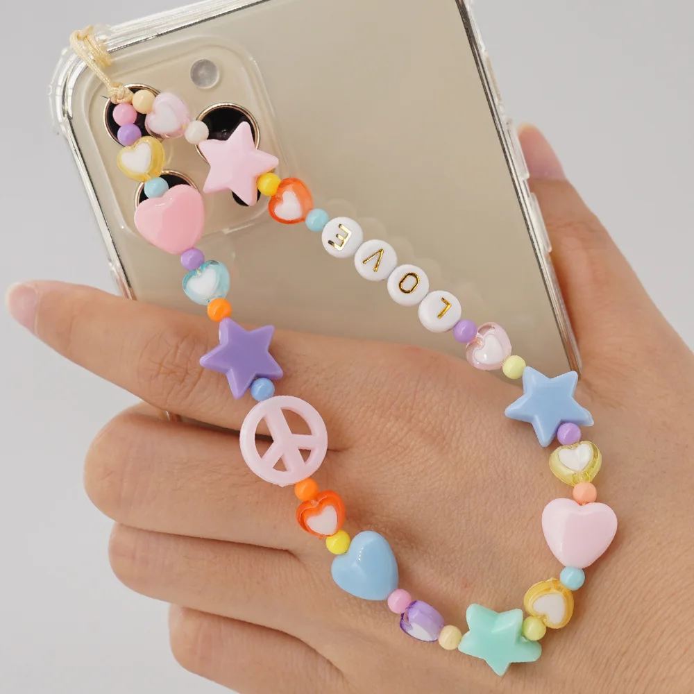 Acrylic Crystal Heart Mobile Phone Case Wristlet Straps Charms String Cell Phone Wrist Bead Charms Cute Beaded Phone Charm Strap