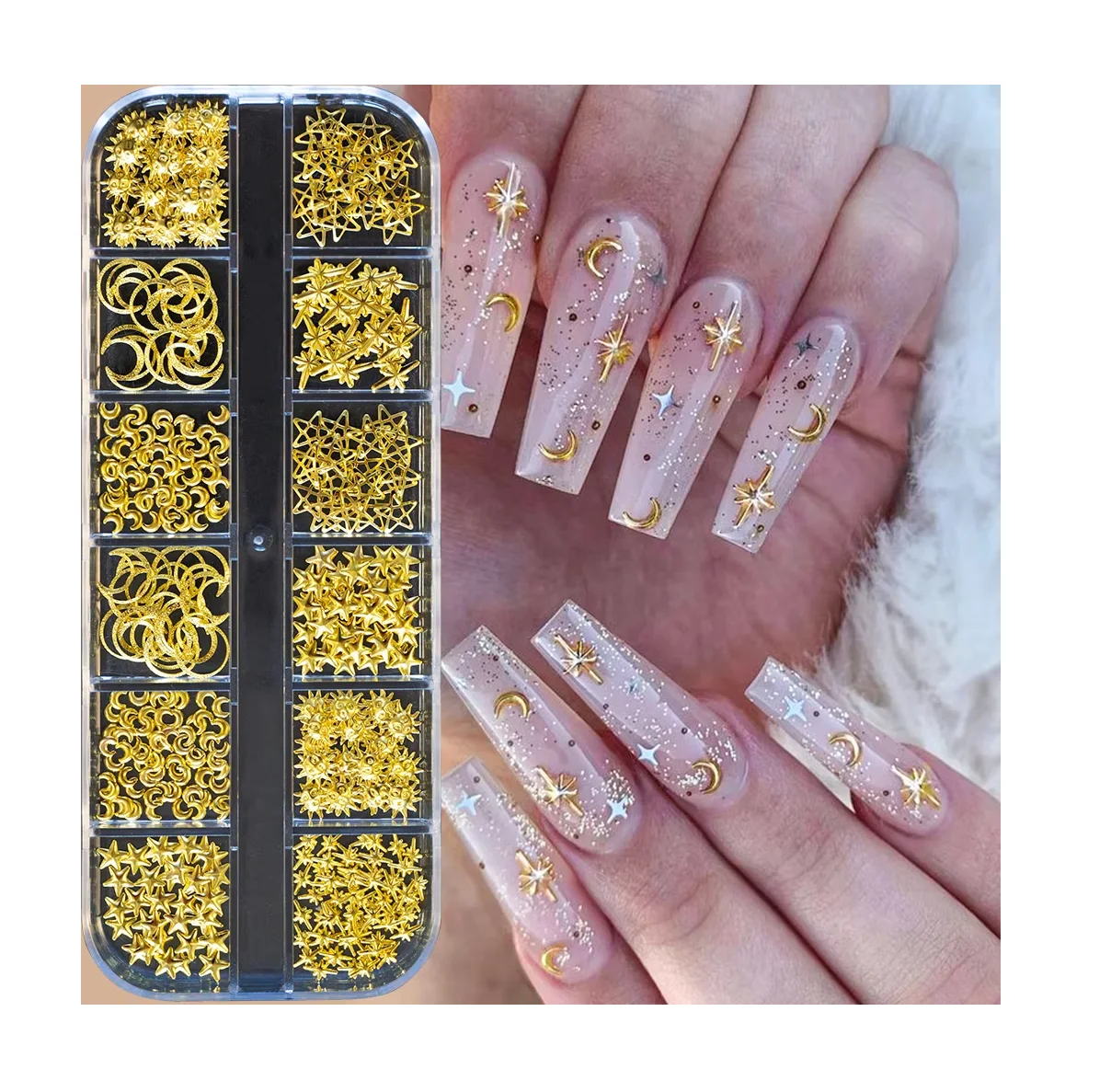 12 Grids/Box Nail Charms Sun Star Moon Series Gold Jewelry Parts Mixed 3D Art Decoration for Manicure Supplies