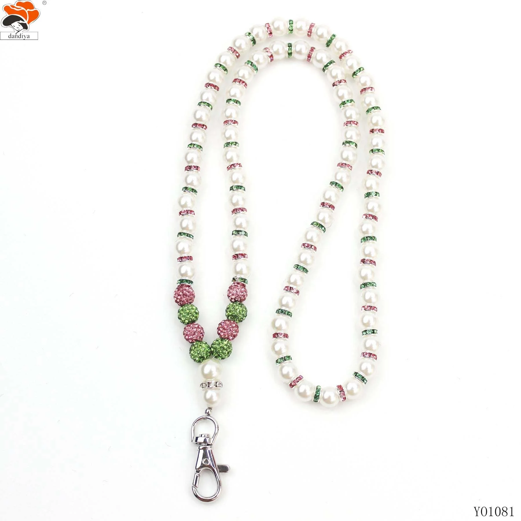 Pink and green Rhinestone spacers with Pearl  lanyards  Key Chain Lanyard Necklace Greek All Groups Sorority for lady group