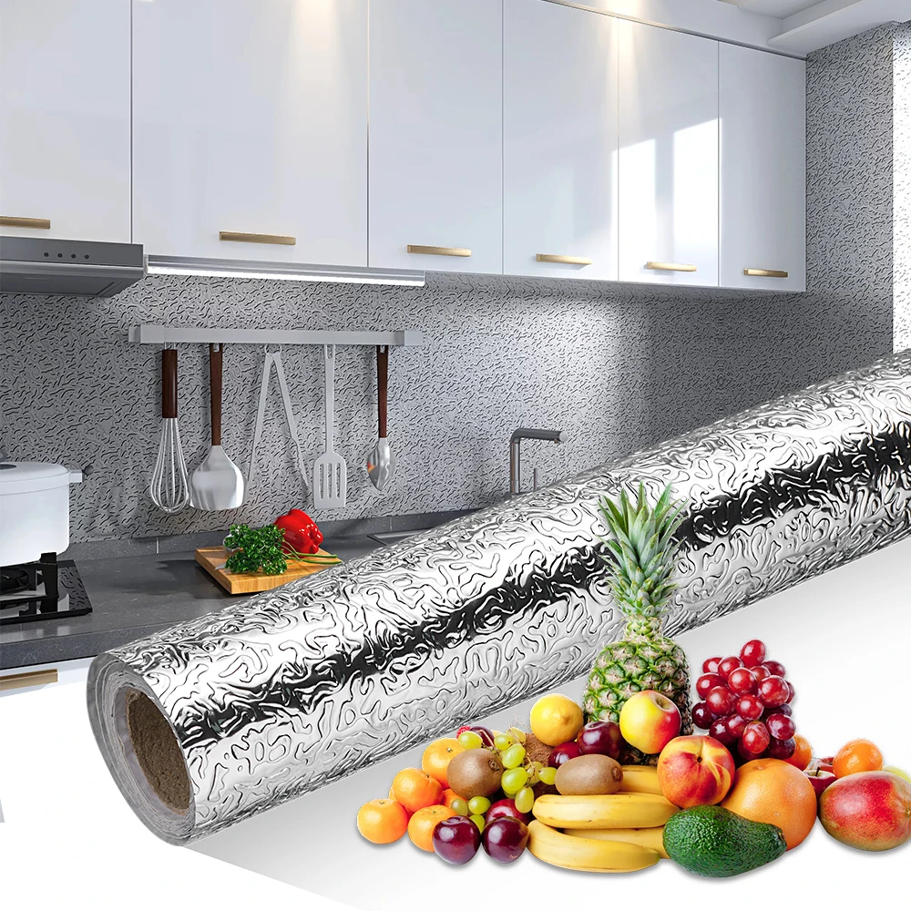 Обои из серебристой алюминиевой фольги наклейки на кухонный шкаф жиростойкие кухонные обои 3