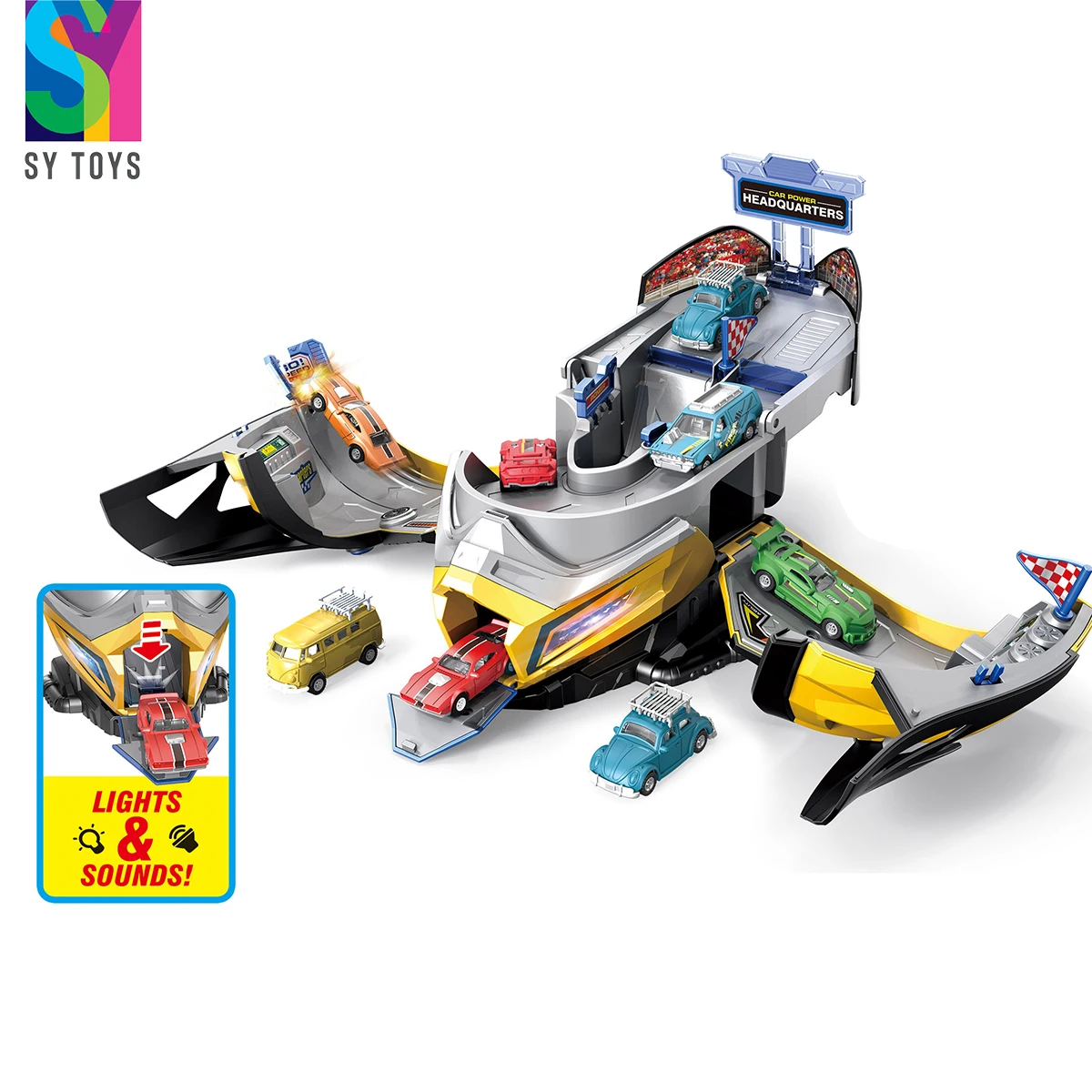 SY TOYS 2 1 Multi-Function Deformation Helmet New Parking Lot Toys Car Garage Set Boys Storage Vehicle Parking Lot Metal Plastic