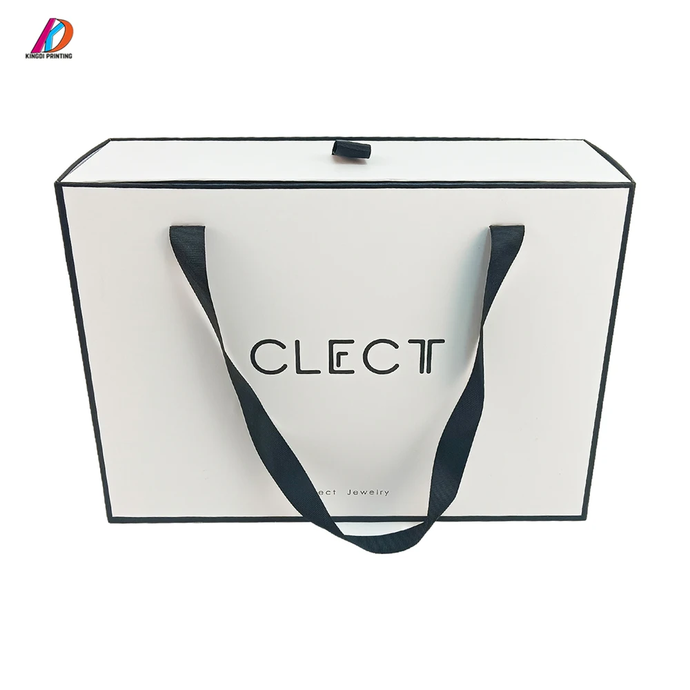 Customized High Luxury Cardboard Rigid Drawer Slider Paper Box WIth Ribbon Handle