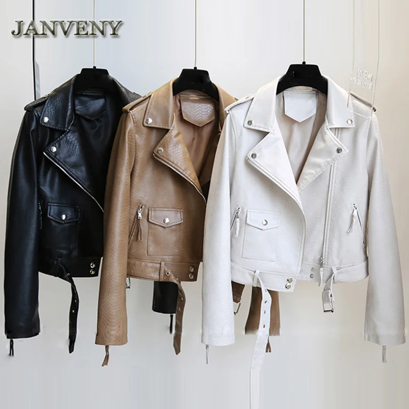 JANVENY 2024 New Spring Autumn Snake Skin Pattern Faux Leather Coat Women Zipper Splicing Sashes Belted Pu Leather Biker Jacket
