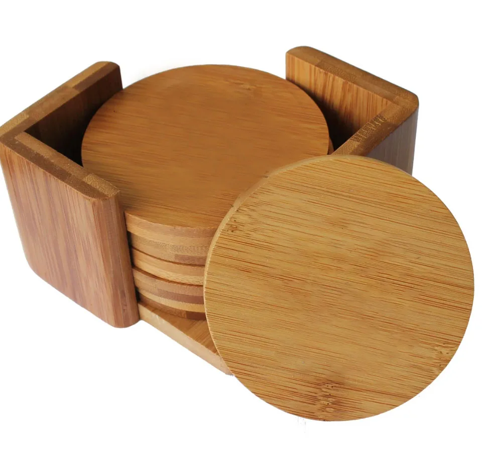 Housewarming Gift Personalized Table Engraved Wooden bamboo Square round tea cup Coaster Set of 6 with Holder