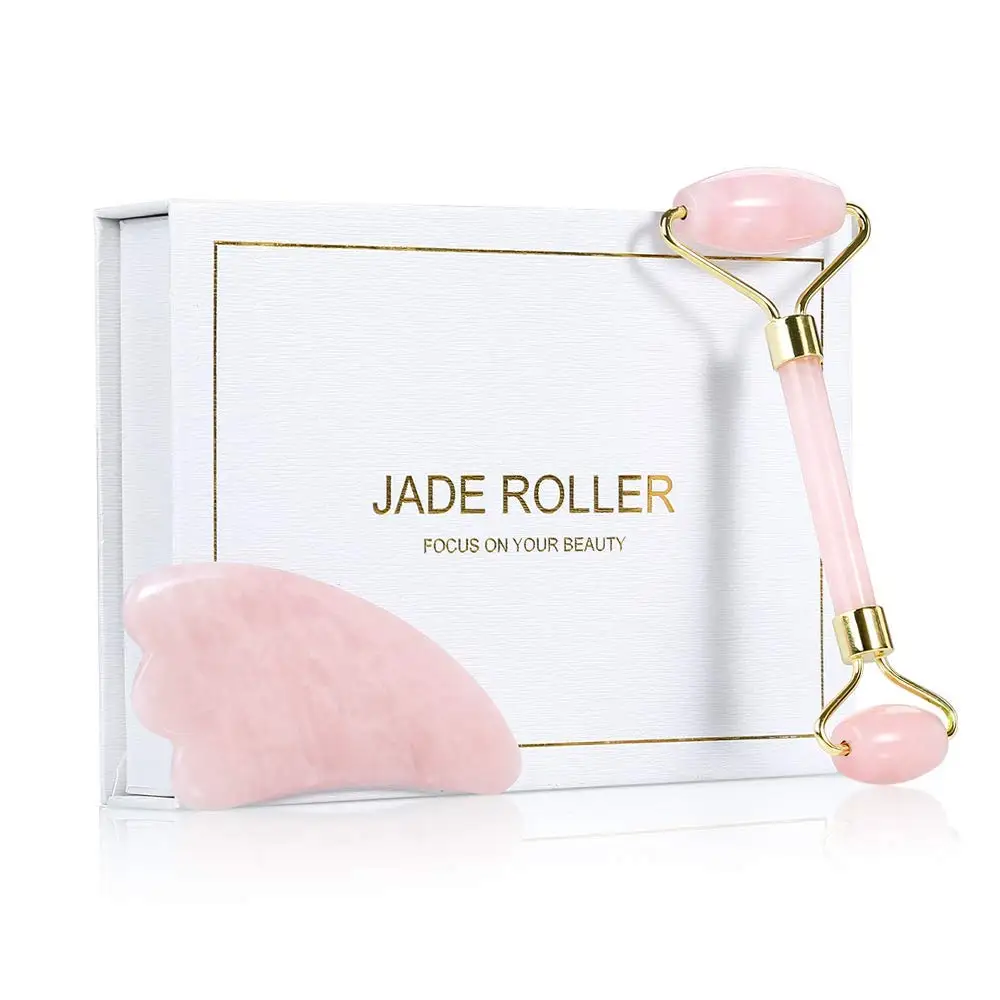 Best High Quality Anti Aging Face Lifting Gua Sha And Facial Roller ,Rose Pink Jade Face Roller For Gift Set