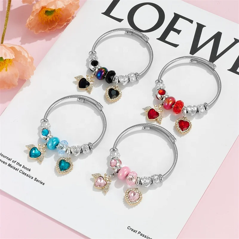 Factory Wholesale Silver Plated Stainless Steel Crystal Angel Charm Bracelet Big Hole Bead Heart Charm Girls Bracelet