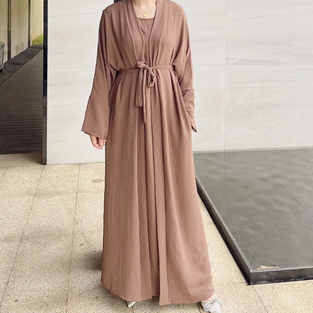 clothing manufacturer Custom Muslim women 2pcs Abaya set Plain Polyester long dress kimono Cardigan Islamic Clothing