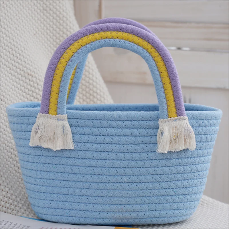 Woven Cotton Rope Basket Cotton Rope Handbag with Rainbow Handles Mini Tote Handbags Handmade Beach Bags