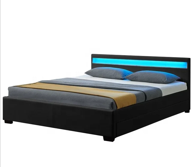  Lighted Headboard LED double size PU leather sleigh bed with 4 storage