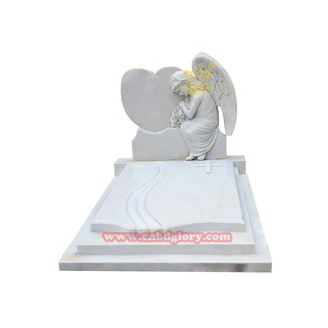 Simple Design Marble Angels Statues Headstone Granite And Red Hearts Tombstone