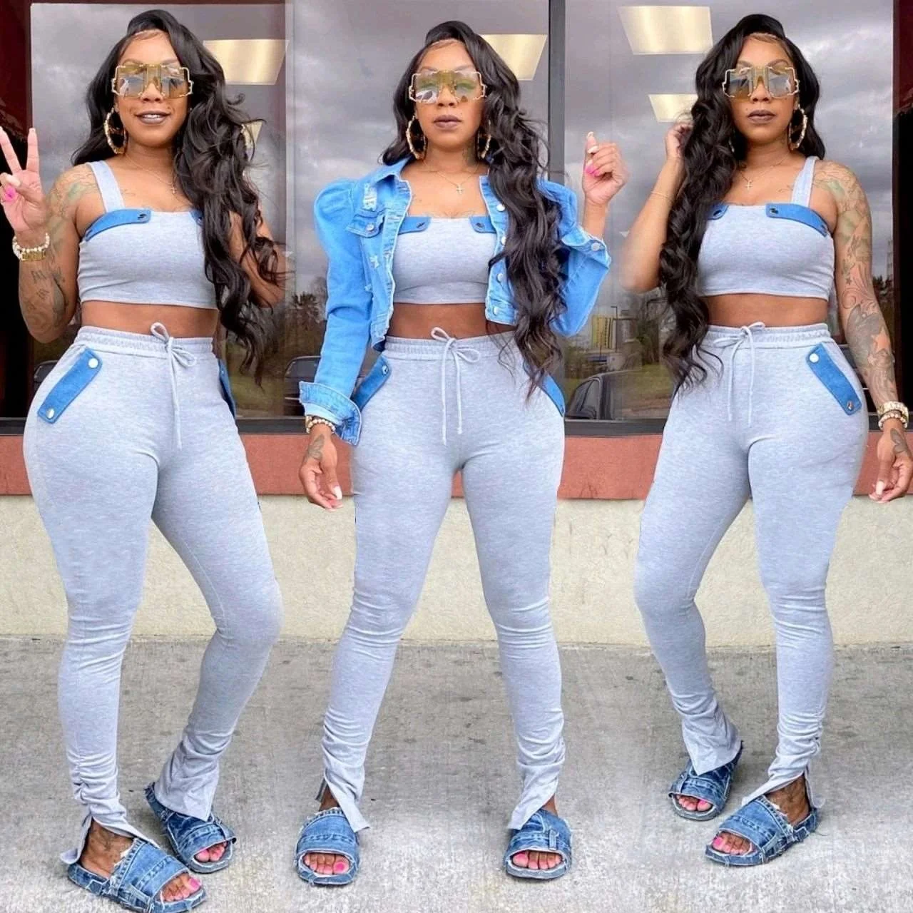
2021 Summer Women Stacked 2 Piece Pants Sets Outfits Ladies Plus Size Denim Jean Pants Two Piece Pant Set Clothing 