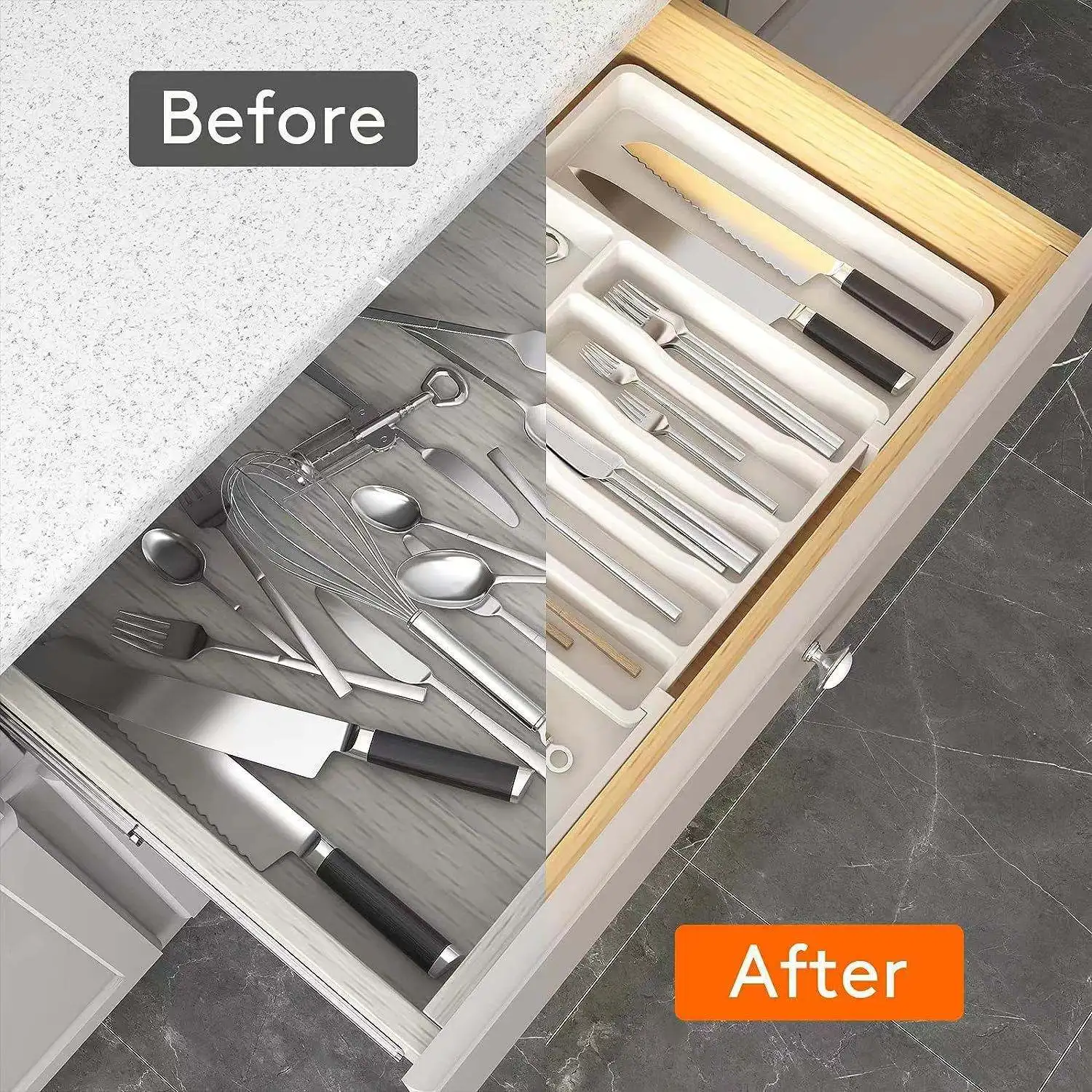 Home Expandable Plastic Material Three Color Kitchen Drawer Organizer With Dividers