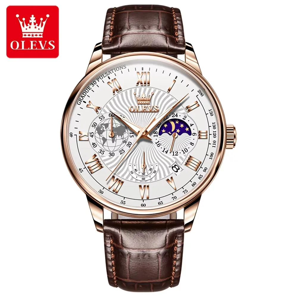 OLEVS 2893 Casual Quartz Watch Gift Genuine Leather Watchband Wristwatch Chronograph Calendar Waterproof Clock