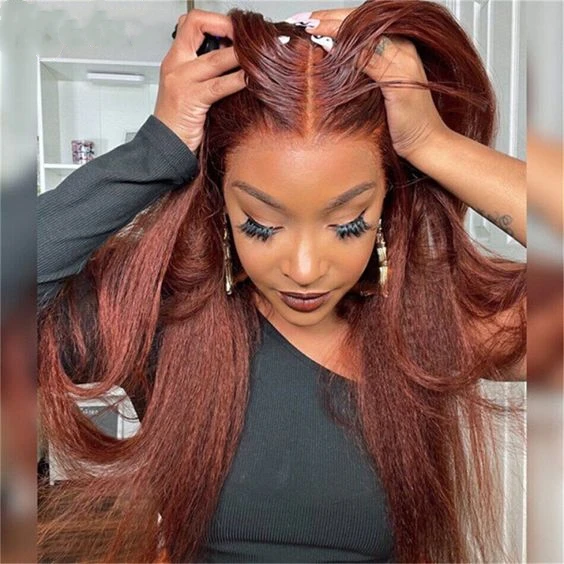 Raw Vietnam Cuticle Aligned Hair Kinky Straight Ponytail Pre Plucked HD Lace Frontal Glueless Wigs Human Hair Reddish Brown Wig