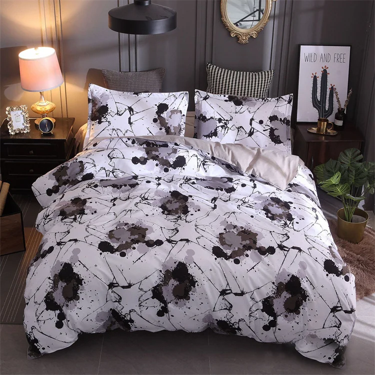 Super Soft Brushed Microfiber Polyester Bedding Sets Personality Black and White Print 3 PCS Double King Size Duvet Cover Set