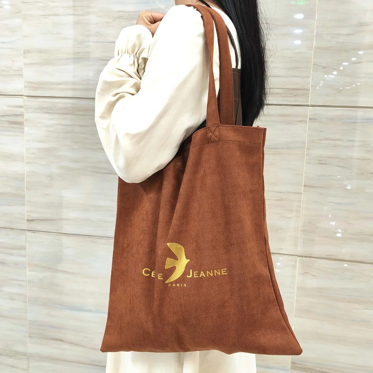 Promotion Custom Logo Printing Faux Suede Handle Shopping Bag Luxury Brown Velvet Travel Shopping Tote Bag