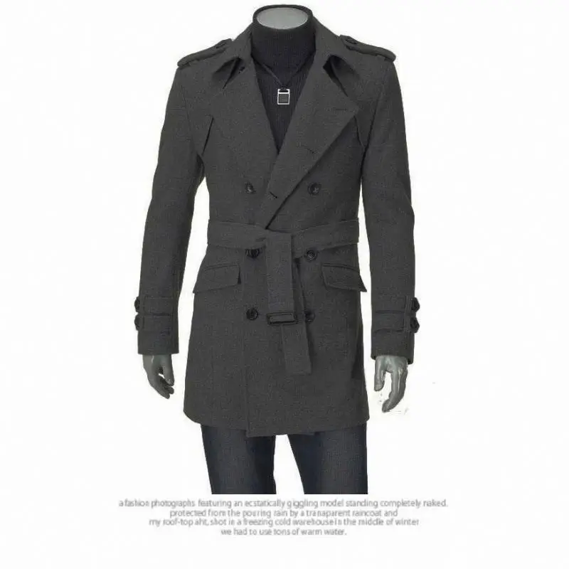 Fashion Men Long Casual Coat Wool Trench Coat Turn-down Collar Loose Overcoat