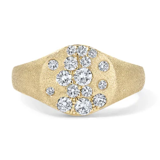 Unique Mix Pave Zircon Matte Brush Surface 14K Gold Plated 925 Sterling Silver Signet Ring