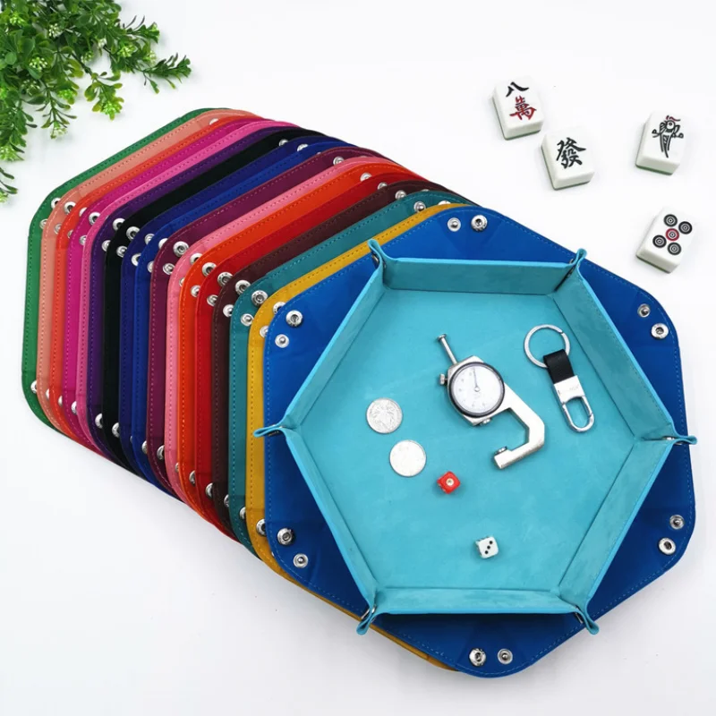 Folding PU Leather Hexagon Dice Tray Leather Velvet Storage Tray Desktop Organizer Sundries Tray for Living Room Bedroom