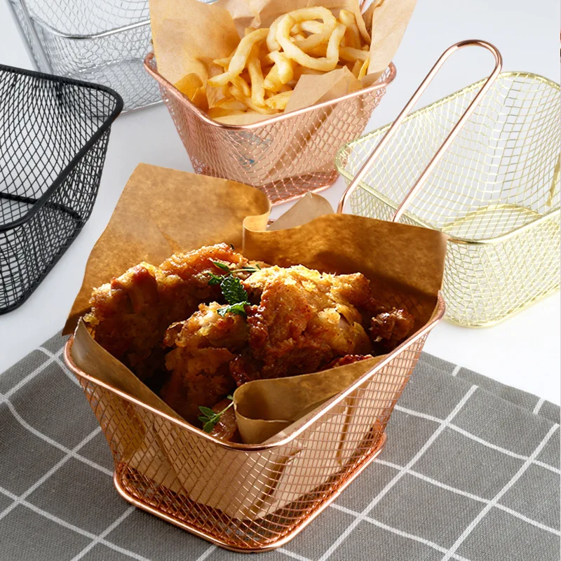 French Fries Basket Mesh Sieve Chicken Nuggets Snack Basket Stainless Steel Square Four Color