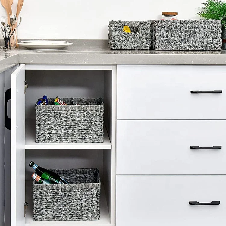 desktop Woven Rattan Storage Basket, Wicker Gray Baskets for home or office