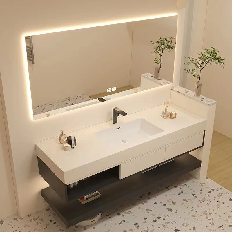 Modern designer bathroom vanity furniture mirror with lights double sink set with ceramic basin cabinet