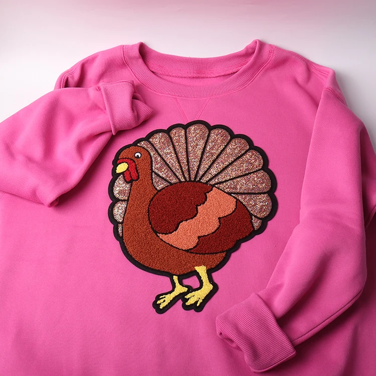 Wholesale large big embroidery sew on patches thanksgiving iron on glitter sequin chenille turkey patch for women shirt