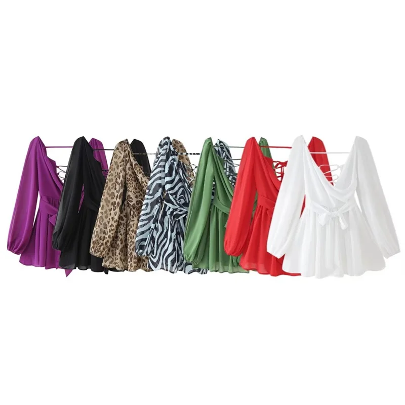 TAOP&ZA 2024 Spring and Summer New 7-color Miniskirt Korean Style Chic Lantern Sleeves Pleated Chiffon Long Sleeve Slim Dress 88