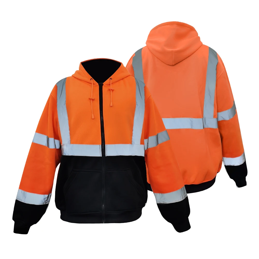 Hi Vis Hoodie Sweatshirt ANSI Class 3 Reflective Hoodie Sweatshirt with Black Bottom Hi-Vis Lime Zipper Closure Sweatshirt