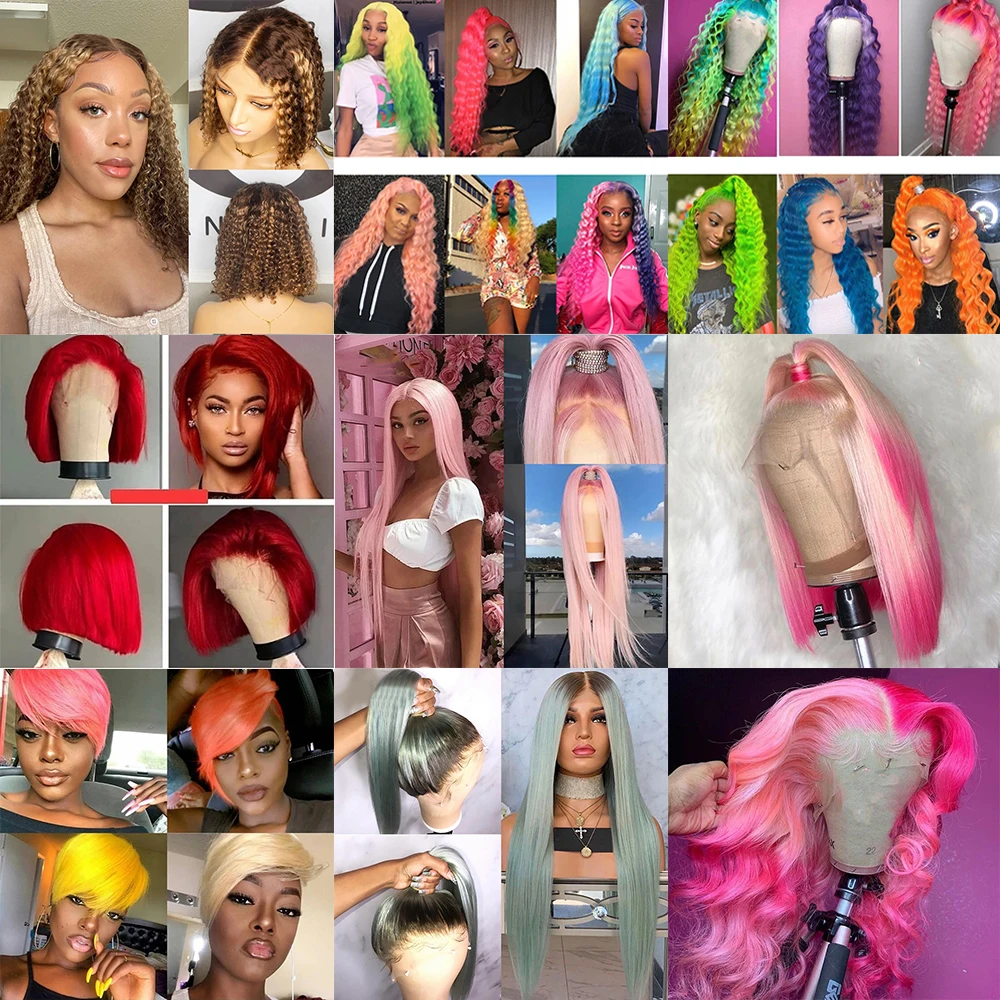 Wholesale Pink Orange Blue Red Grey 613 Blond Color Bob Wig, Brazilian Virgin Human Hair Color Lace Frontal Bob Wig