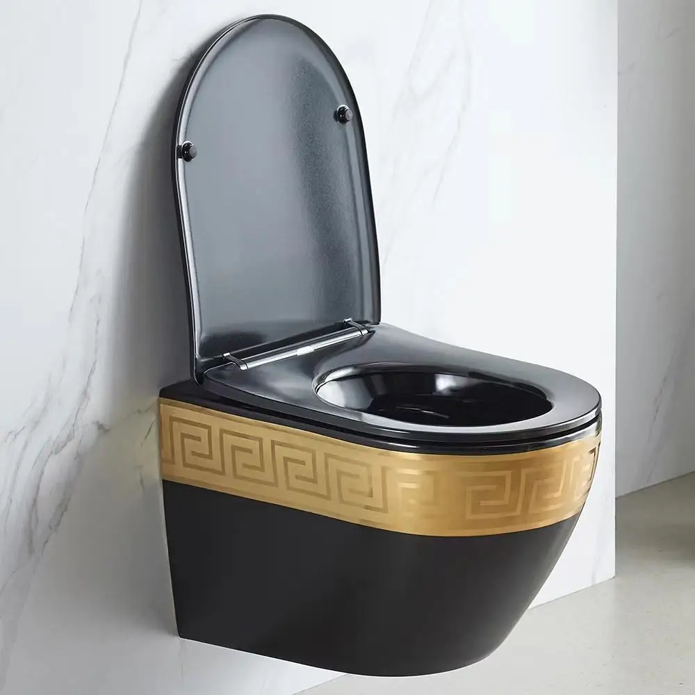Luxury Design Colored Sanitary Ware Bathroom Wall Mount Row Hanging Toilet Bowl Ceramic Black and Gold Wall Hung Toilet
