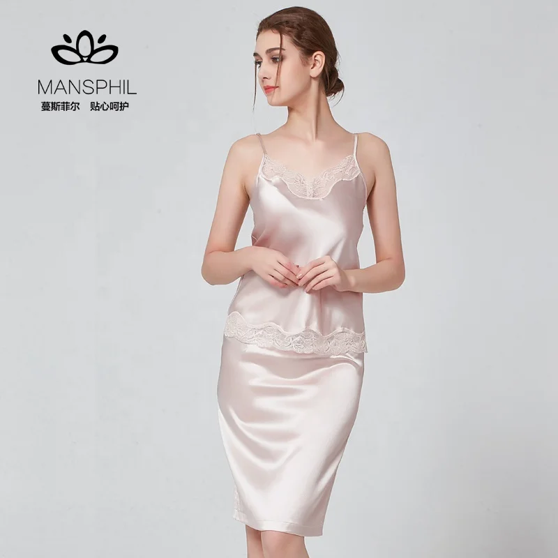 100 Silk Spaghetti top camisole and skirt PJ Set Homewear Sleepwear with  Lace Trimming